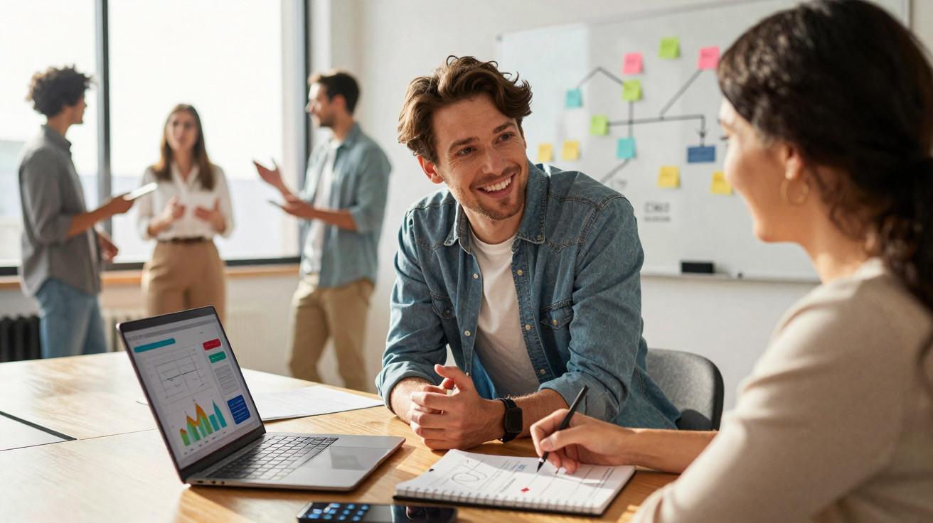 Pessoas em ambiente de trabalho colaborativo, com laptop, gráficos, notas e interação em equipe.