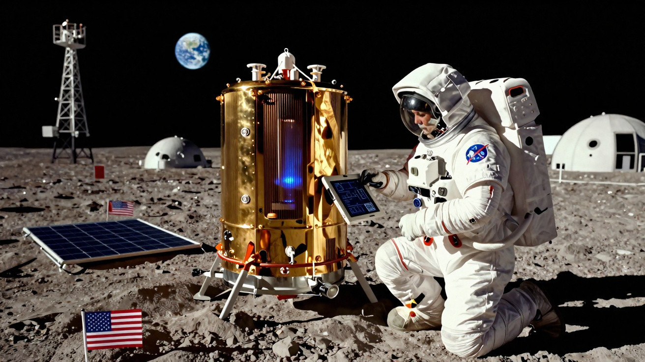 Astronauta da NASA em traje branco realiza experimentos na superfície lunar com Terra ao fundo.