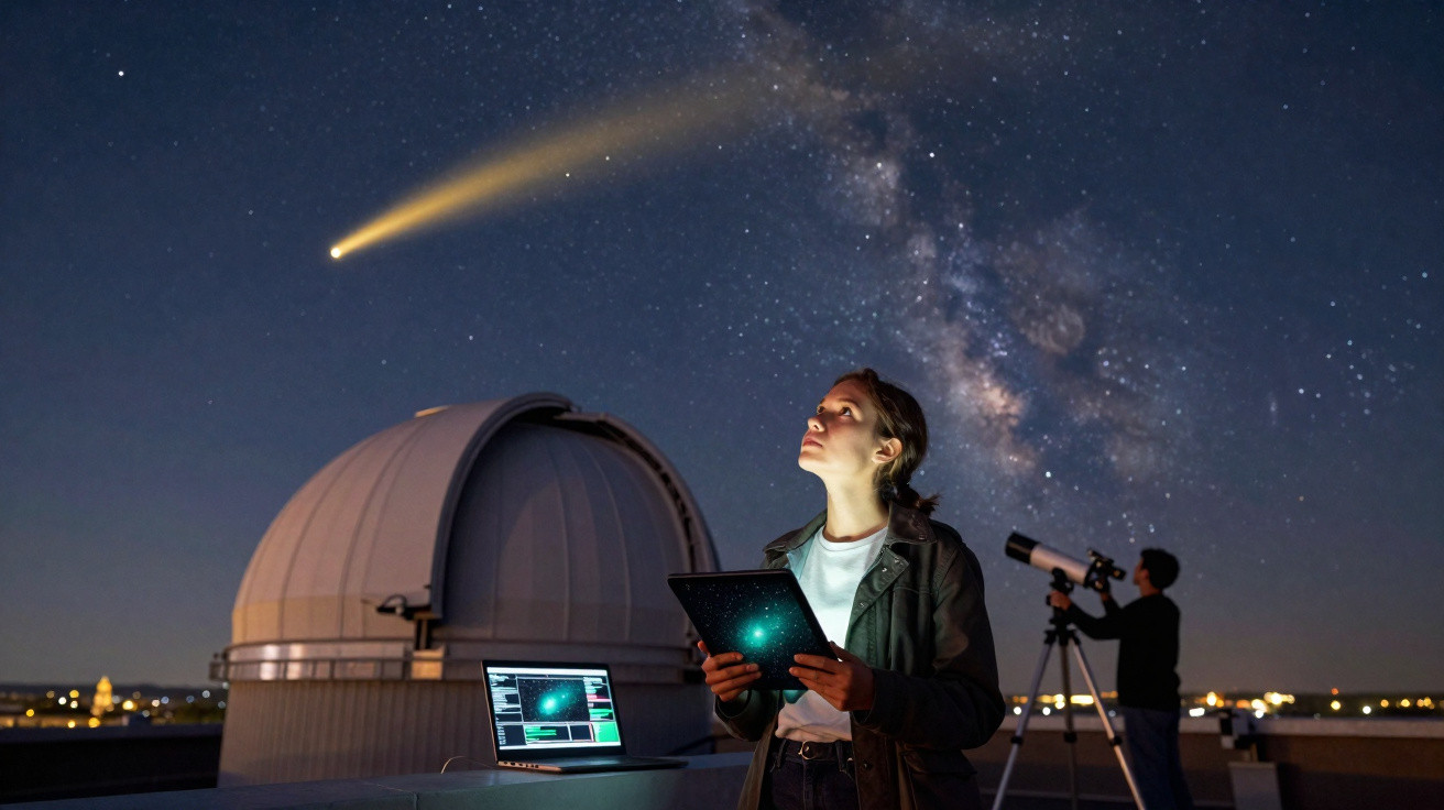Pessoa observa o céu estrelado com cometa, computador e telescópio em observatório astronômico à noite.