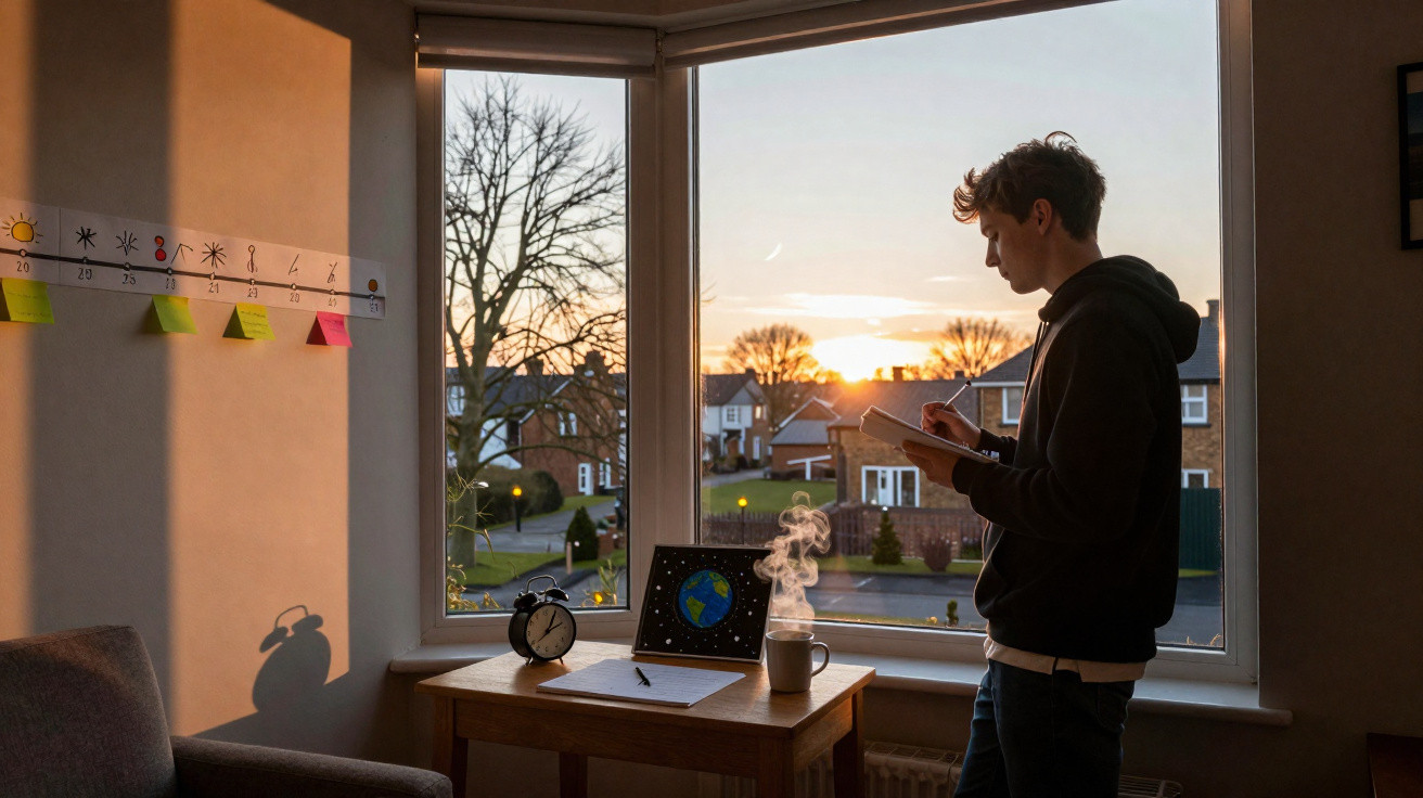 Jovem escrevendo em caderno próximo a janela ao pôr do sol com xícara de café e despertador na mesa.
