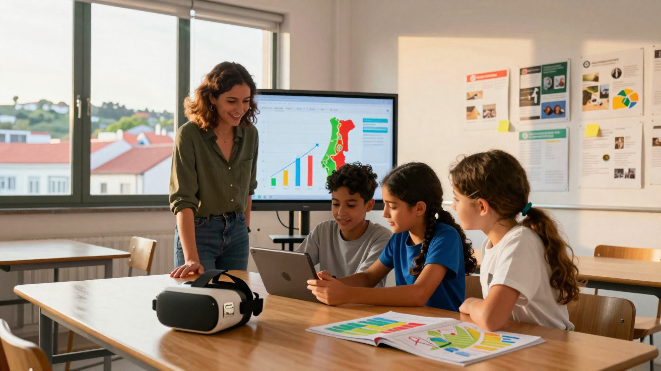 Professora com três crianças usando tablet em sala de aula com gráfico e mapa em tela ao fundo.