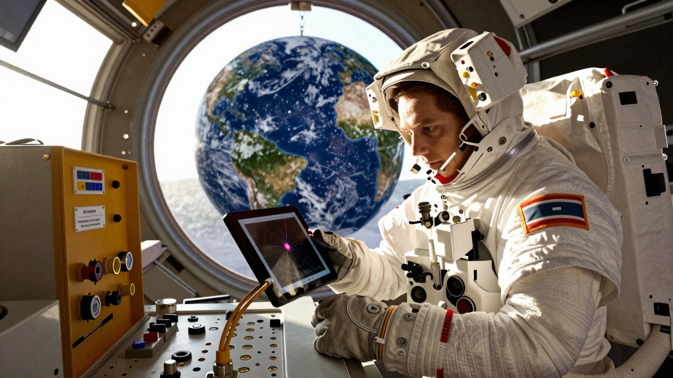 Astronauta em traje espacial usando tablet dentro de estação espacial com vista para a Terra.