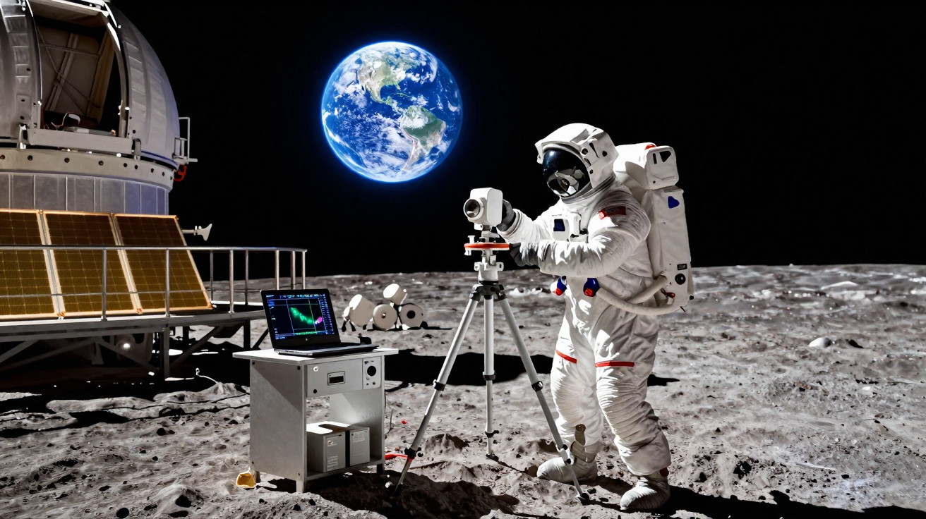 Astronauta em trajes espaciais operando equipamento na superfície lunar com a Terra visível ao fundo.