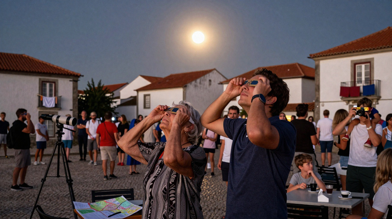 Pessoas observando eclipse solar com óculos especiais em praça de vila ao entardecer.