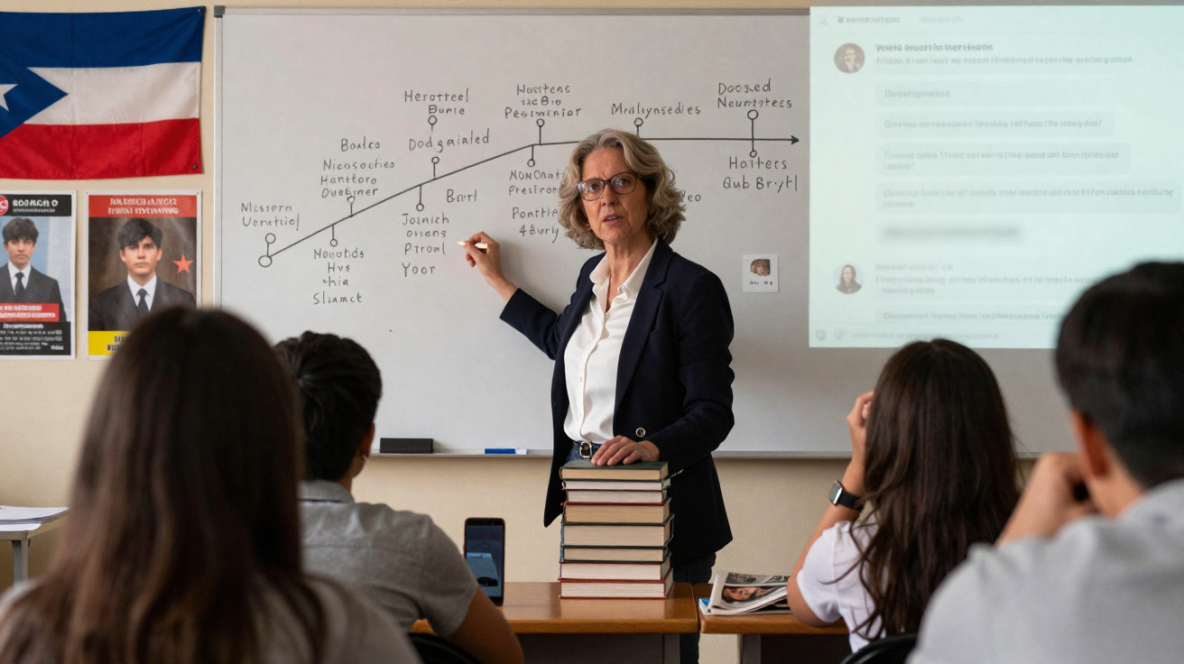 Professora explicando linha do tempo em quadro branco para alunos sentados em sala de aula.