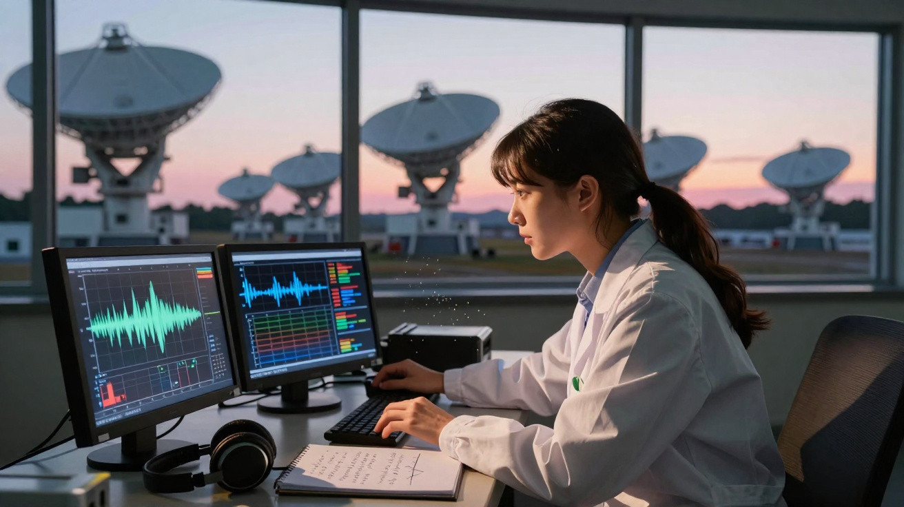 Mulher cientista analisa dados em monitores com antenas parabólicas ao fundo ao entardecer.
