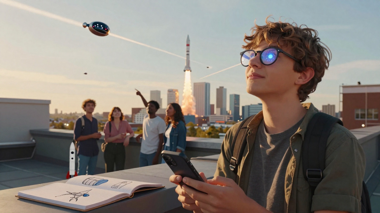 Jovem com óculos refletindo foguete, segurando celular em terraço com grupo e foguete lançando ao fundo.