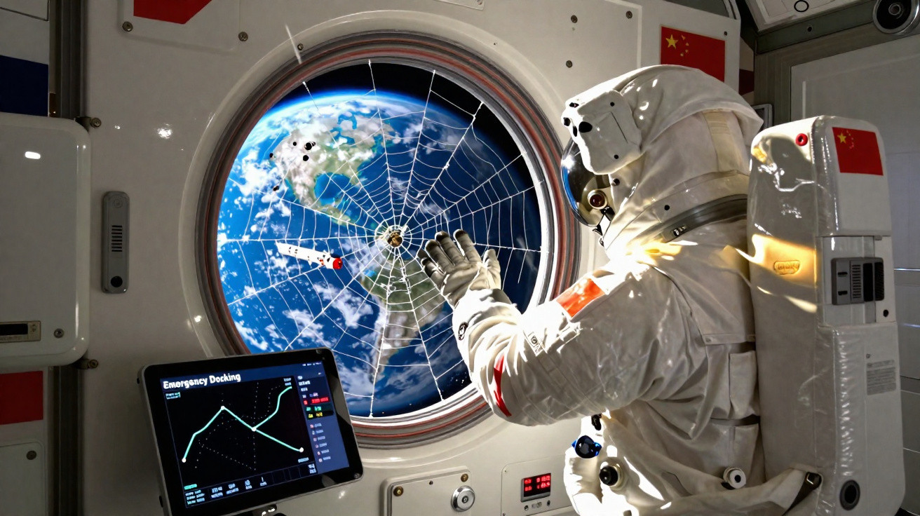 Astronauta na estação espacial observando teia de aranha circular na janela com vista da Terra ao fundo.