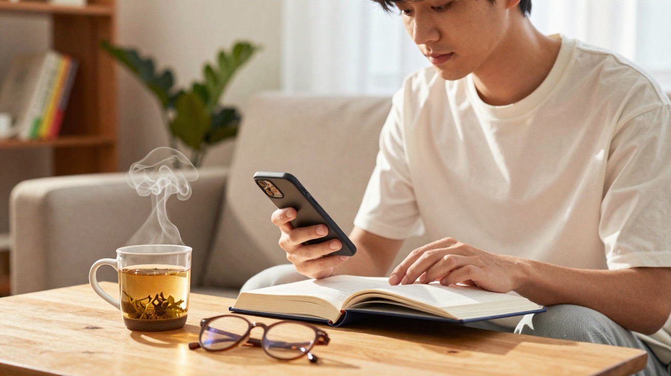 Jovem sentado lendo livro e olhando celular, com óculos e xícara de chá quente sobre mesa de madeira.