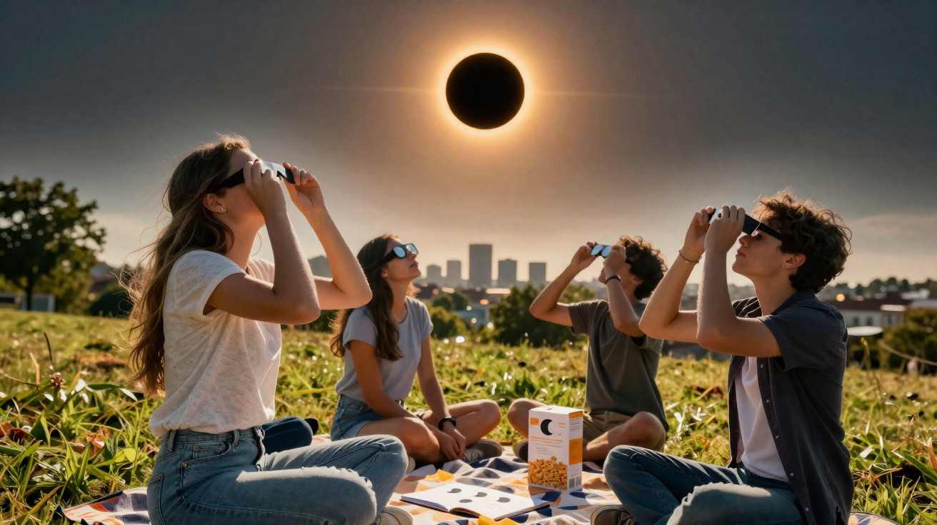 Quatro jovens observam eclipse solar usando óculos especiais sentados em um campo durante o dia.