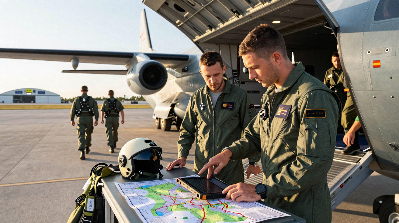 Dois pilotos militares em macacão verde analisam mapa e tablet ao lado de aeronave no pátio de aeroporto.