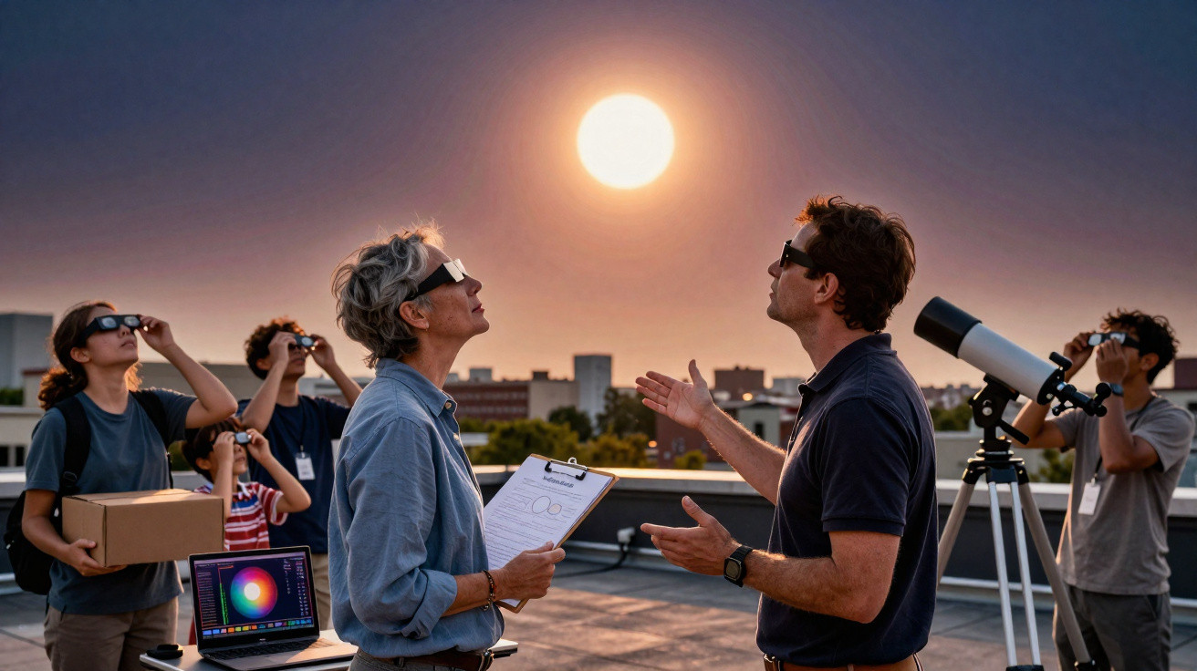 Grupo observa eclipse solar com óculos especiais e telescópio em cobertura durante o pôr do sol.
