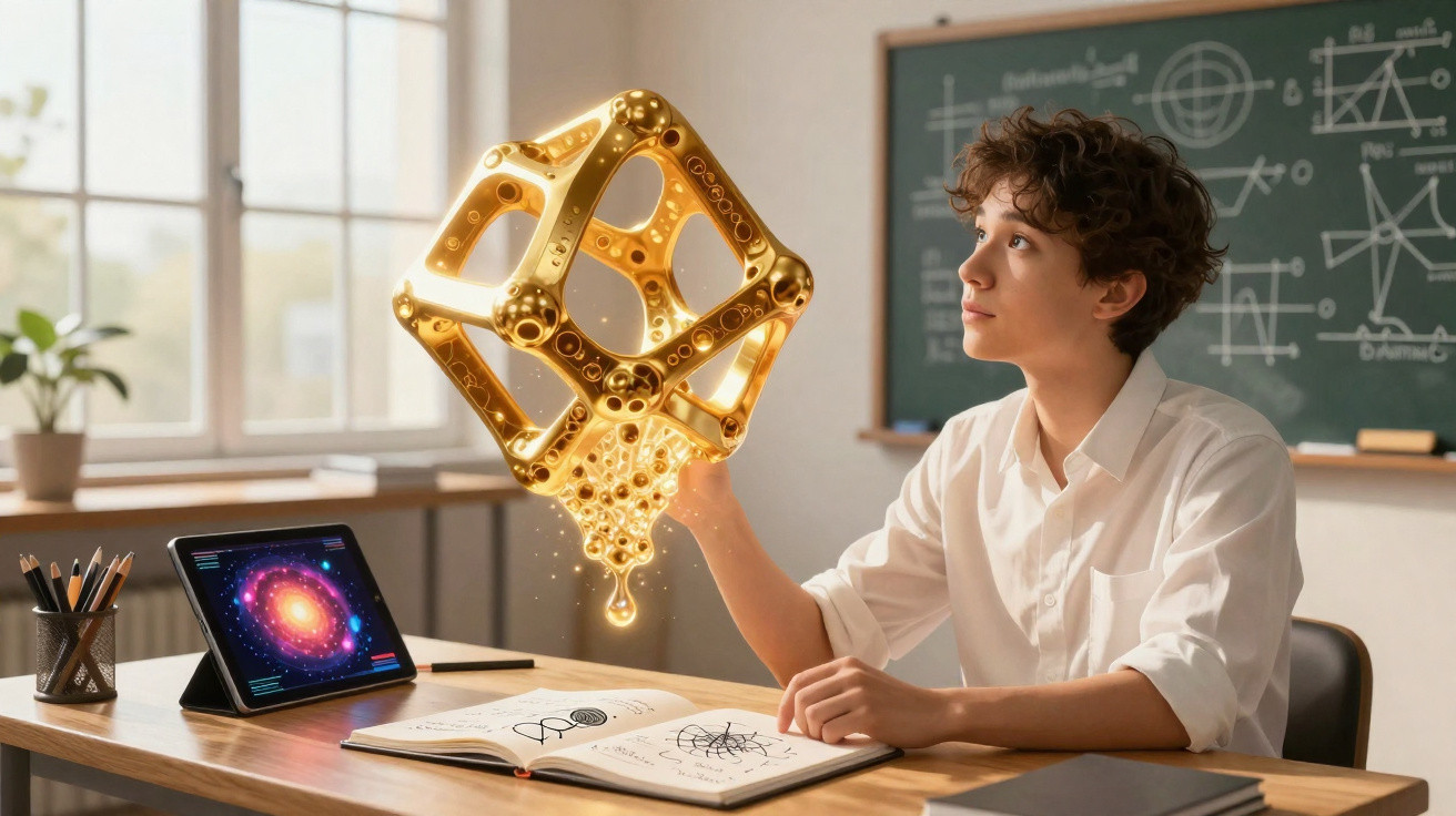 Jovem observando holograma dourado 3D em formato geométrico, sentado em mesa com livro aberto e tablet.