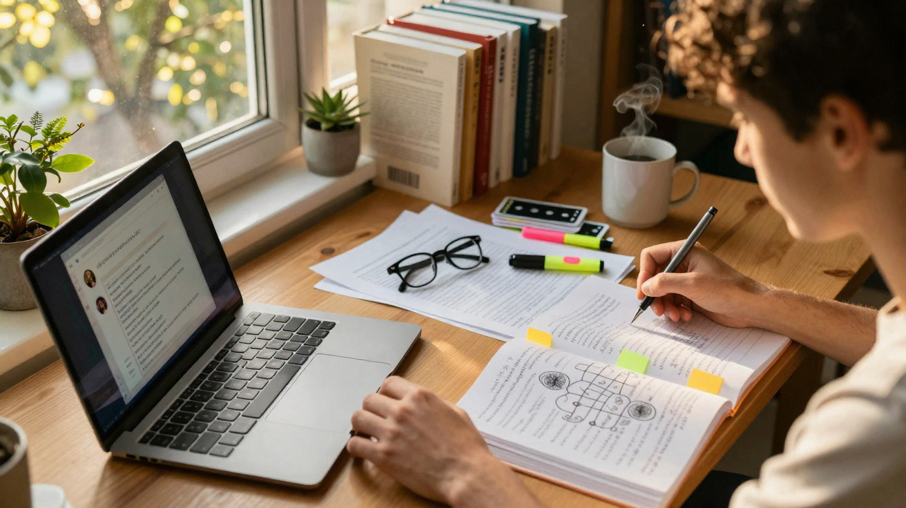 Pessoa estudando em mesa com laptop, livros, canetas marcadoras, óculos e xícara de café.