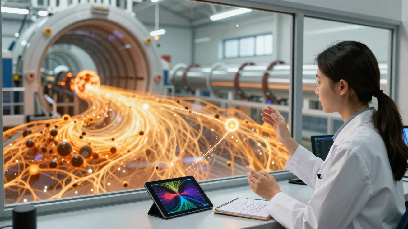 Cientista observa simulação de partículas e energia em scanner tecnológico dentro de laboratório moderno.