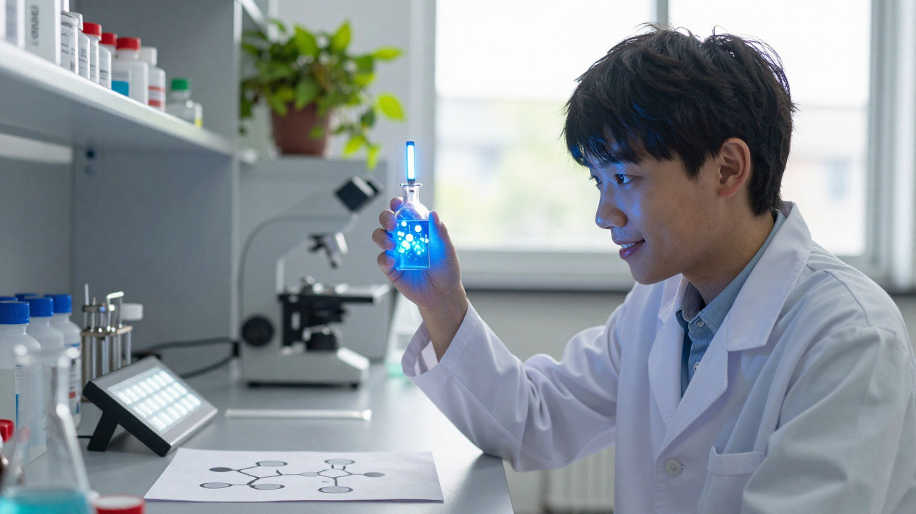 Jovem cientista em jaleco observa frasco com líquido azul luminoso em laboratório moderno.