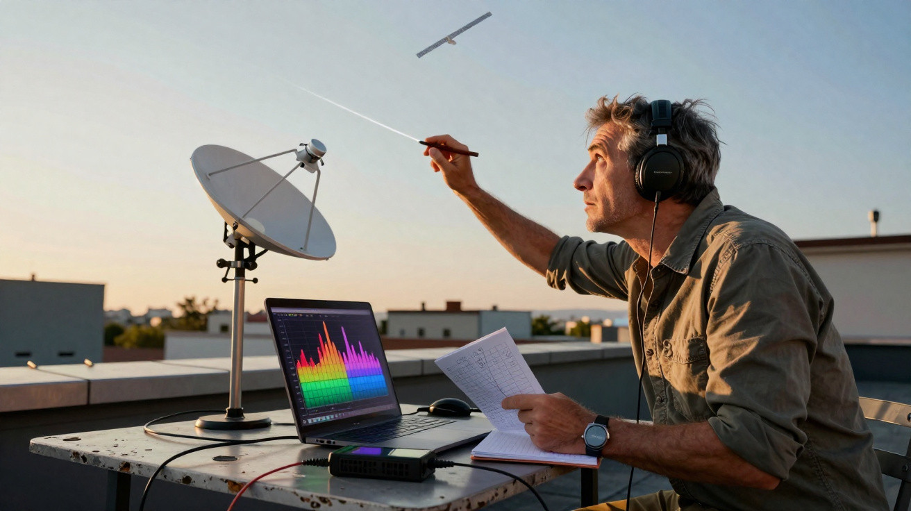 Homem com fones controla drone em telhado, com notebook e antena parabólica ao pôr do sol.