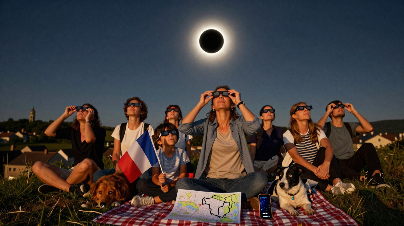 Grupo de pessoas e cães com óculos especiais observando eclipse solar durante dia claro no campo.