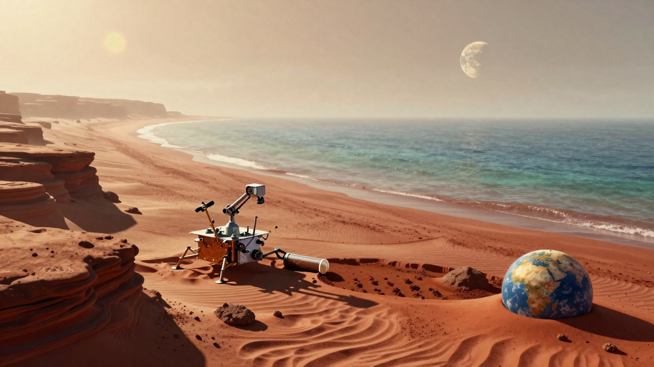 Rover explorando praia vermelha com planeta Terra semi-enterrado e lua visível no horizonte.