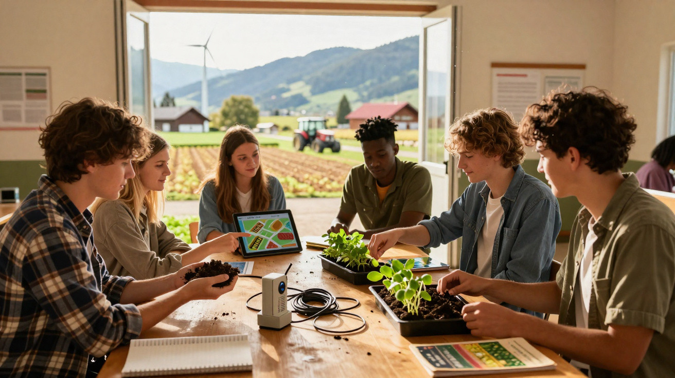 Jovens estudam agricultura sustentável em sala com vista para campo e moinho eólica ao fundo.