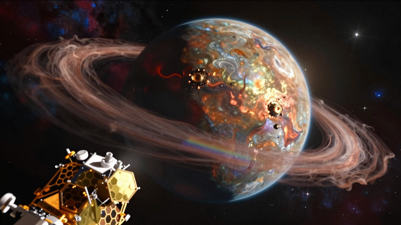 Planeta colorido com anéis brilhantes e uma nave espacial próxima no espaço sideral.