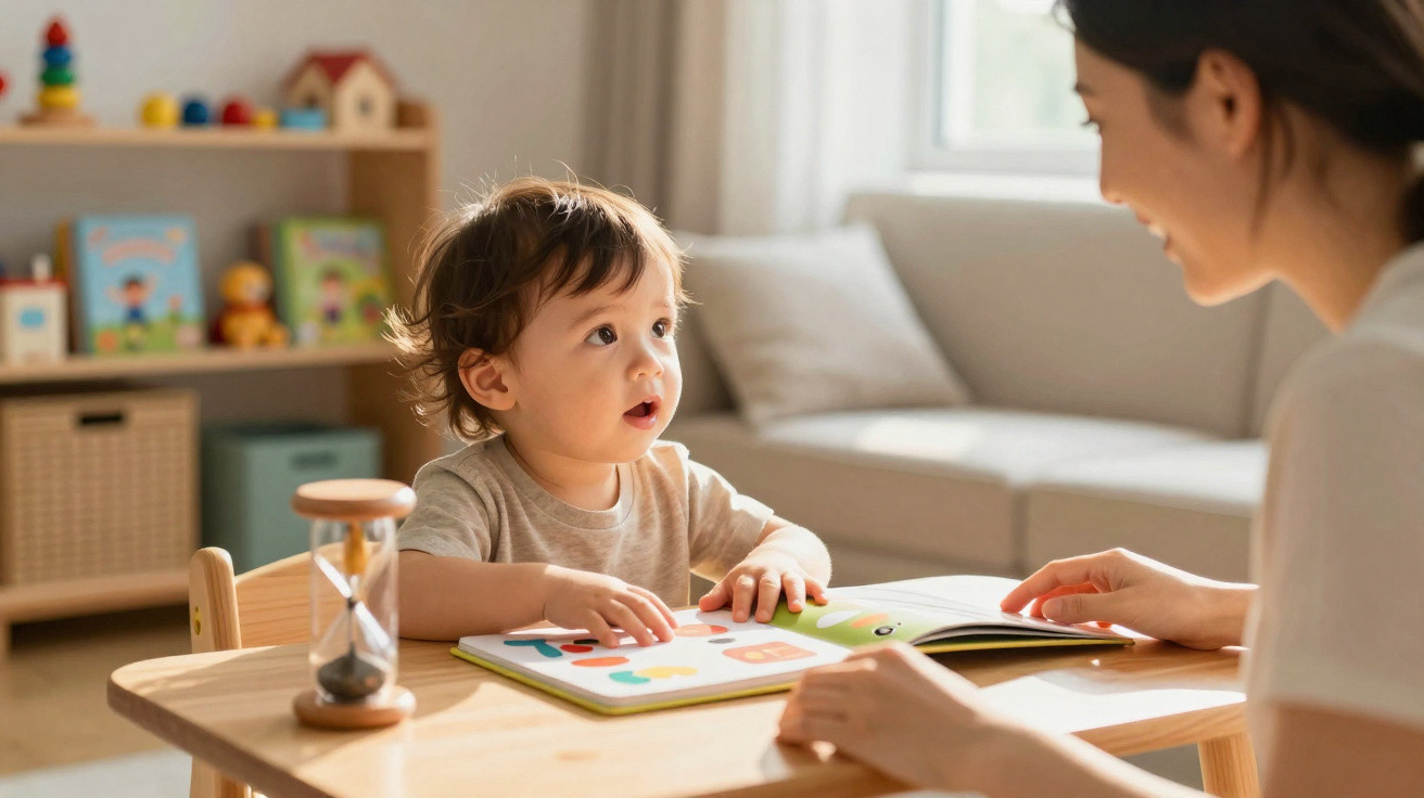 Criança pequena sentada à mesa com livro de figuras, interagindo com mulher em ambiente acolhedor e iluminado.