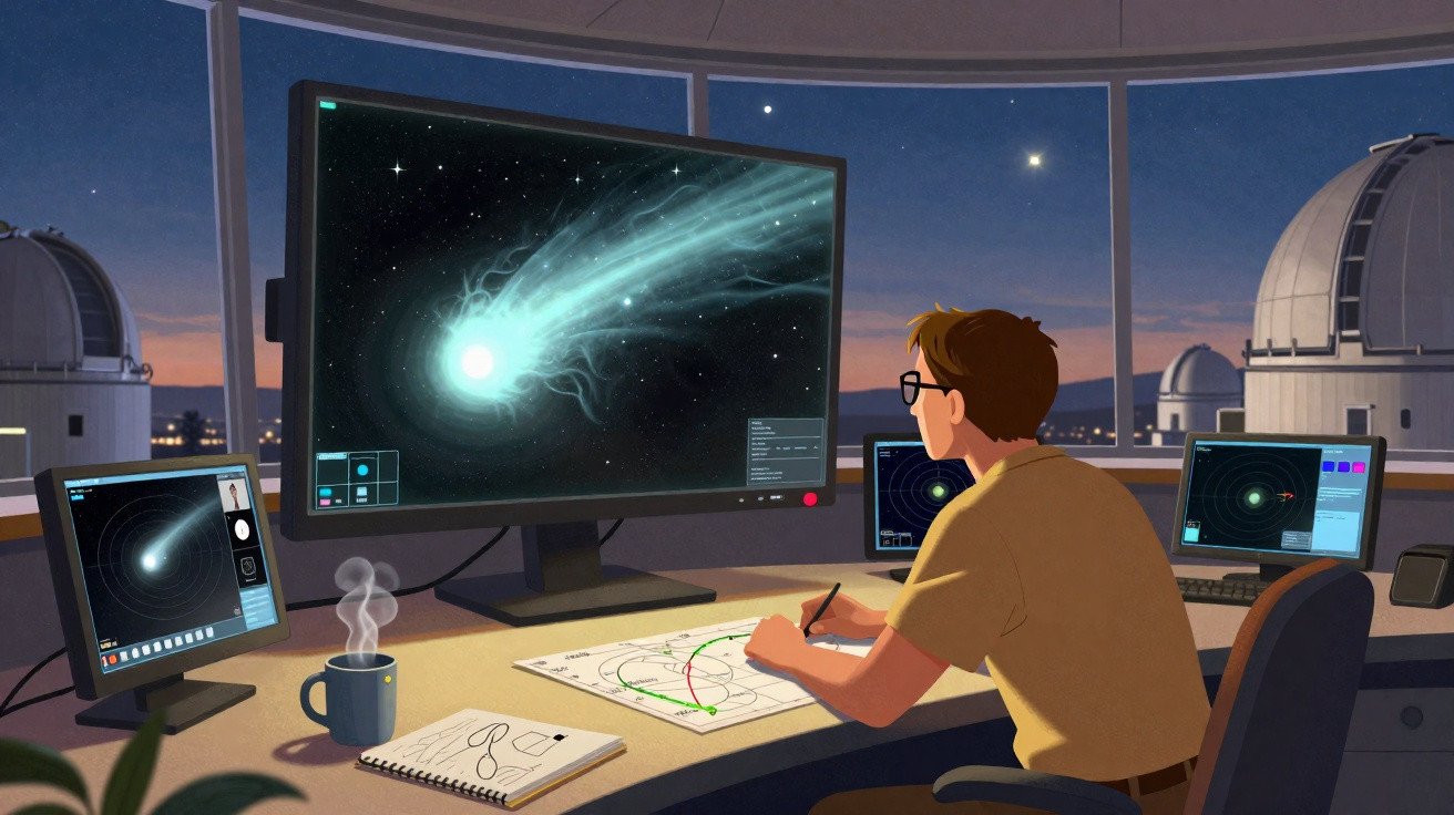 Astrônomo observa cometa em monitores dentro de observatório durante o entardecer.