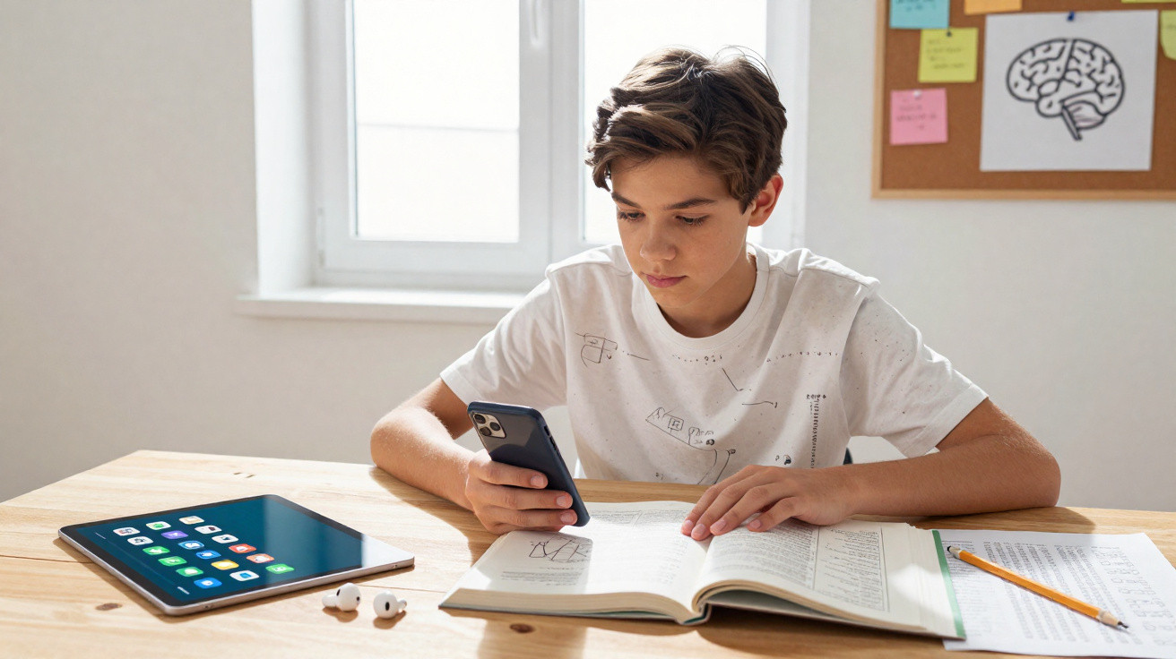 Menino estudando à mesa com livro aberto, usando celular e tablet ao lado em ambiente iluminado.