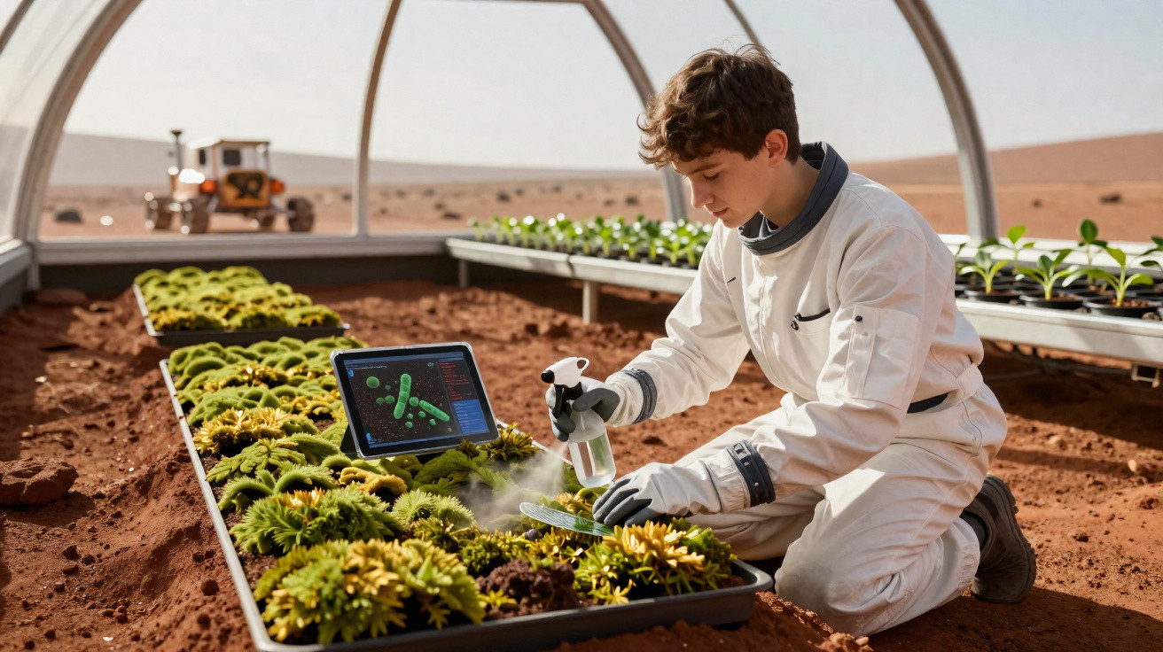 Jovem em traje espacial cuida de plantas em estufa com tablet exibindo dados científicos ao lado.