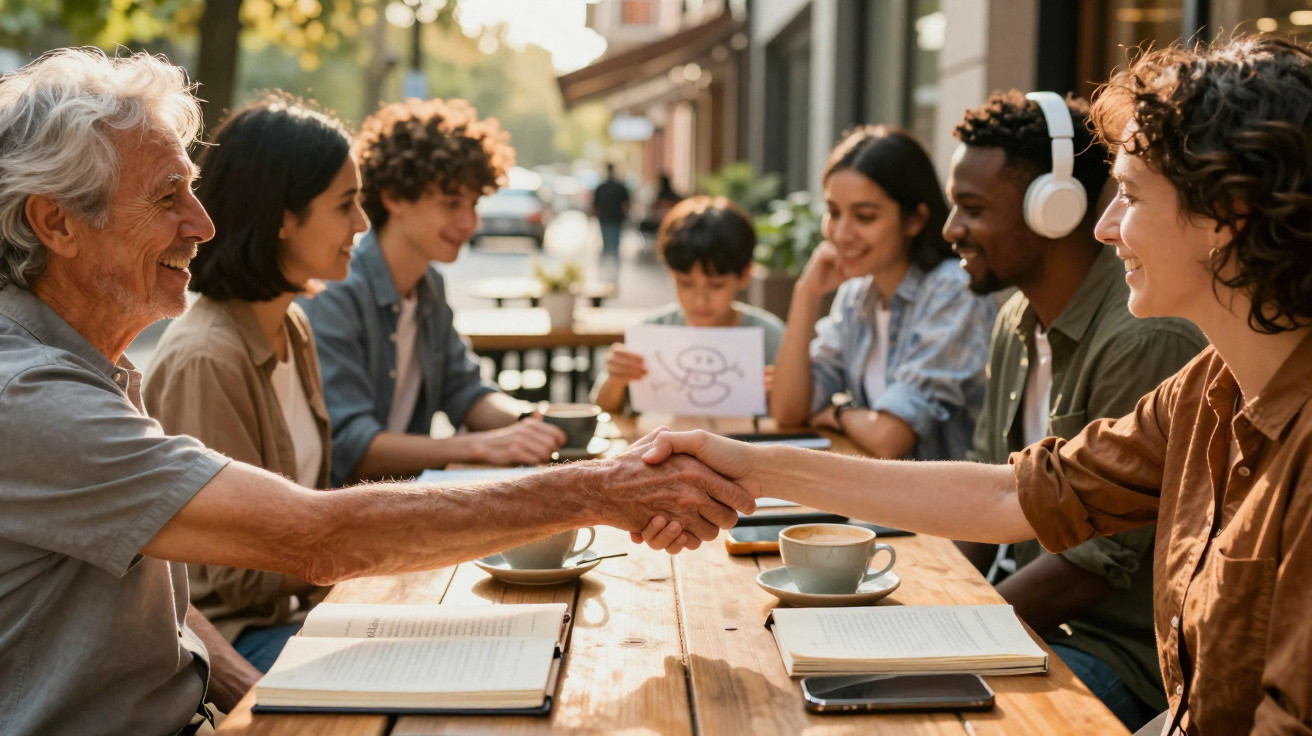 Pessoas de várias idades em reunião ao ar livre, duas delas apertam as mãos sobre mesa com livros e café.