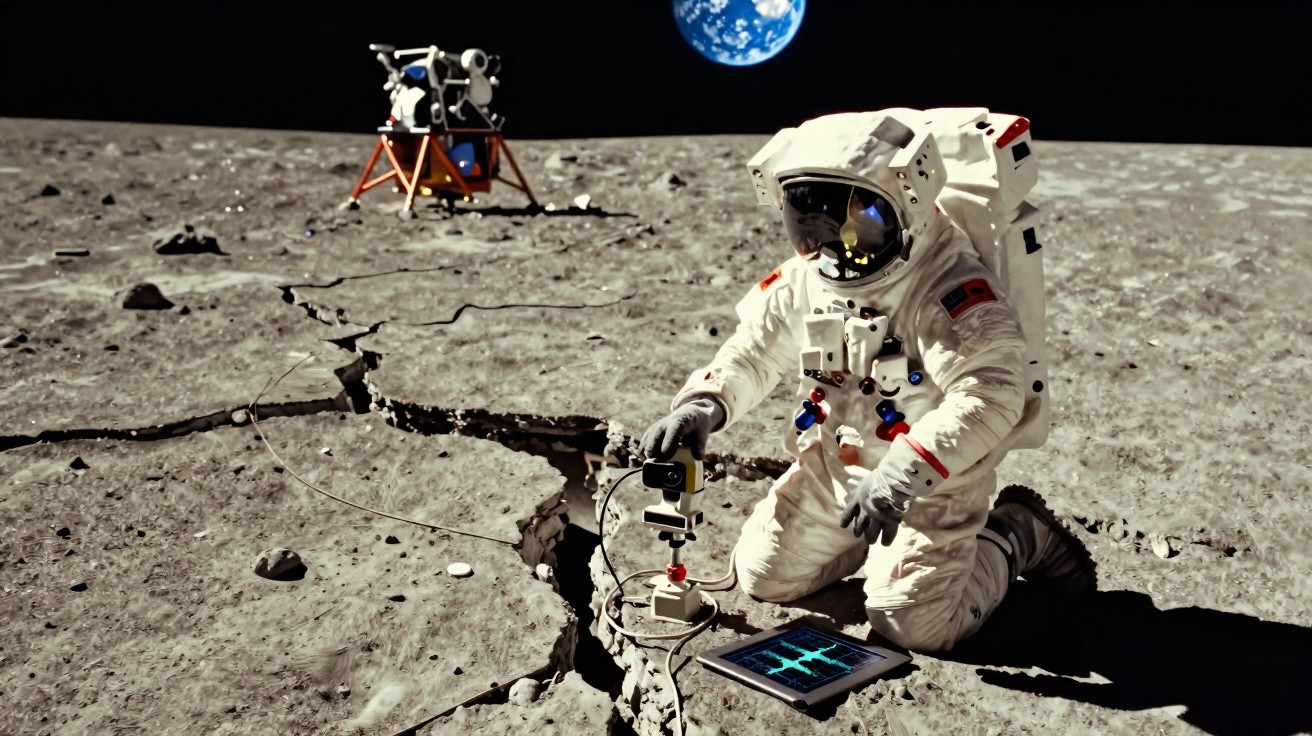 Astronauta em trajes espaciais fazendo pesquisa em fissura na superfície da Lua, com Terra ao fundo.
