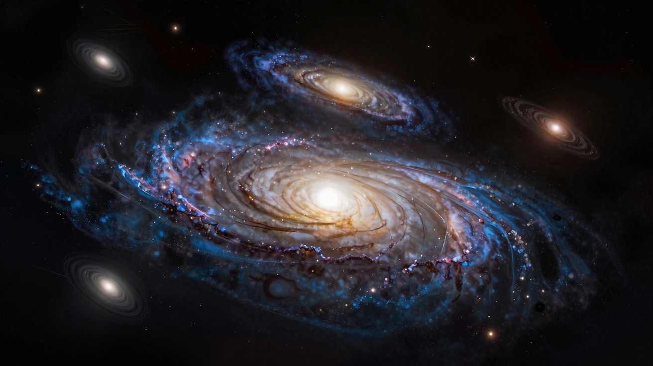 Imagem de galáxias espirais brilhantes em um espaço escuro com estrelas ao redor.