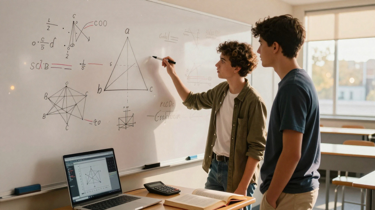 Dois jovens estudando geometria e matemática, resolvendo problemas em quadro branco com laptop e livro na mesa.