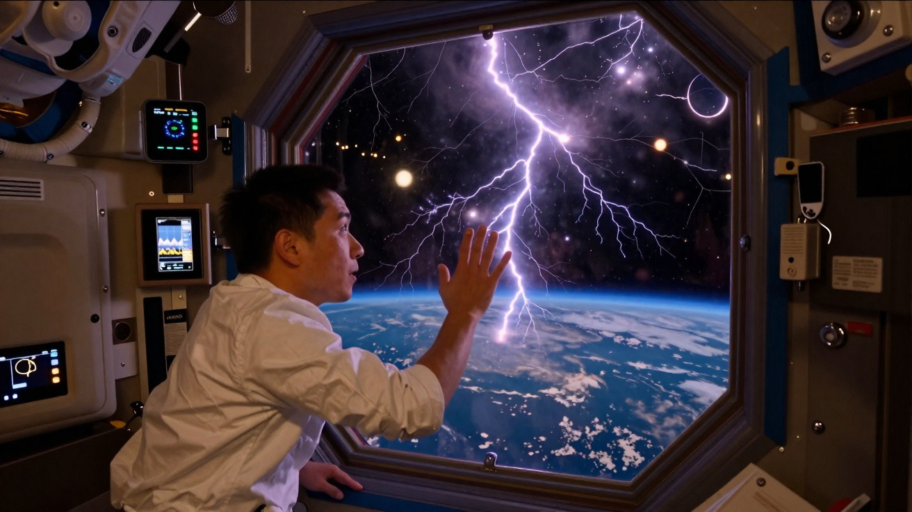 Homem dentro de nave espacial observando relâmpago e planeta Terra pelo grande painel de vidro.