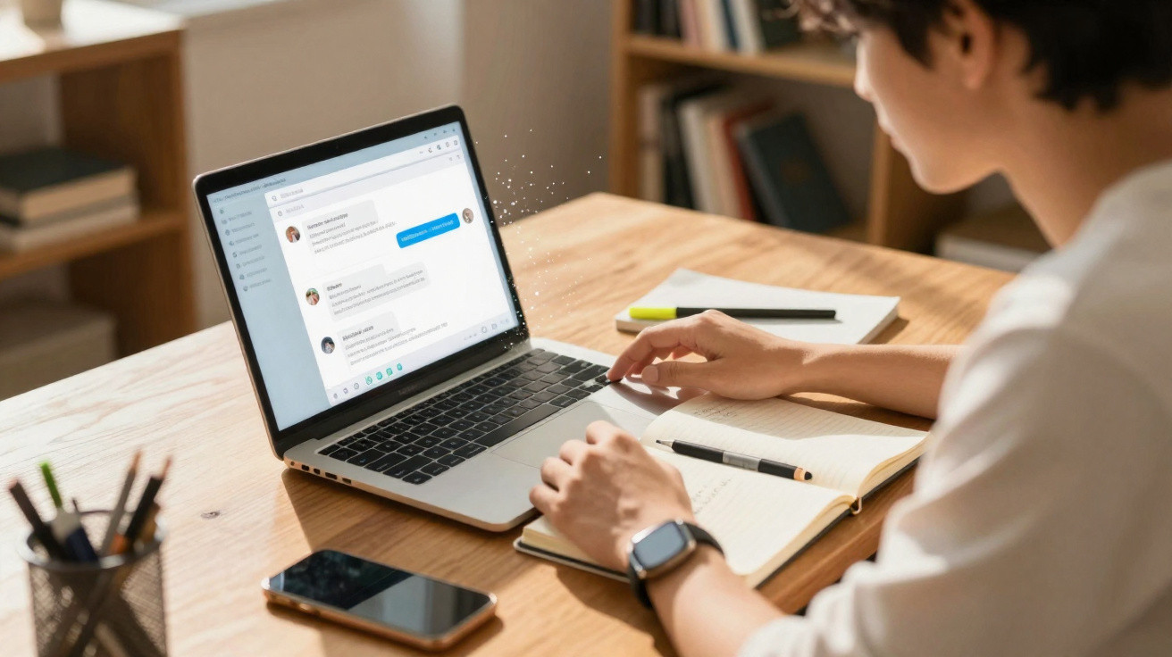 Pessoa usando laptop para mensagens online e escrevendo em caderno em uma mesa de madeira.