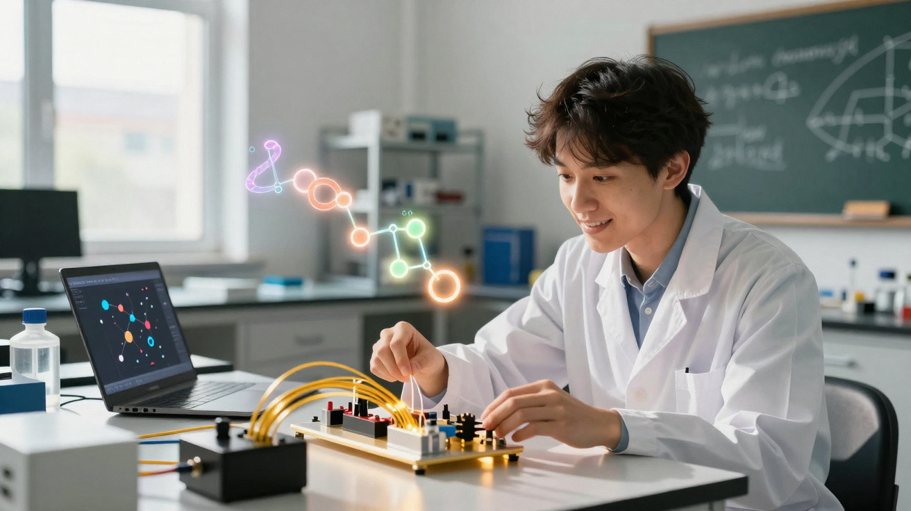 Jovem cientista em laboratório usando jaleco trabalha com circuito eletrônico e laptop com gráficos digitais.