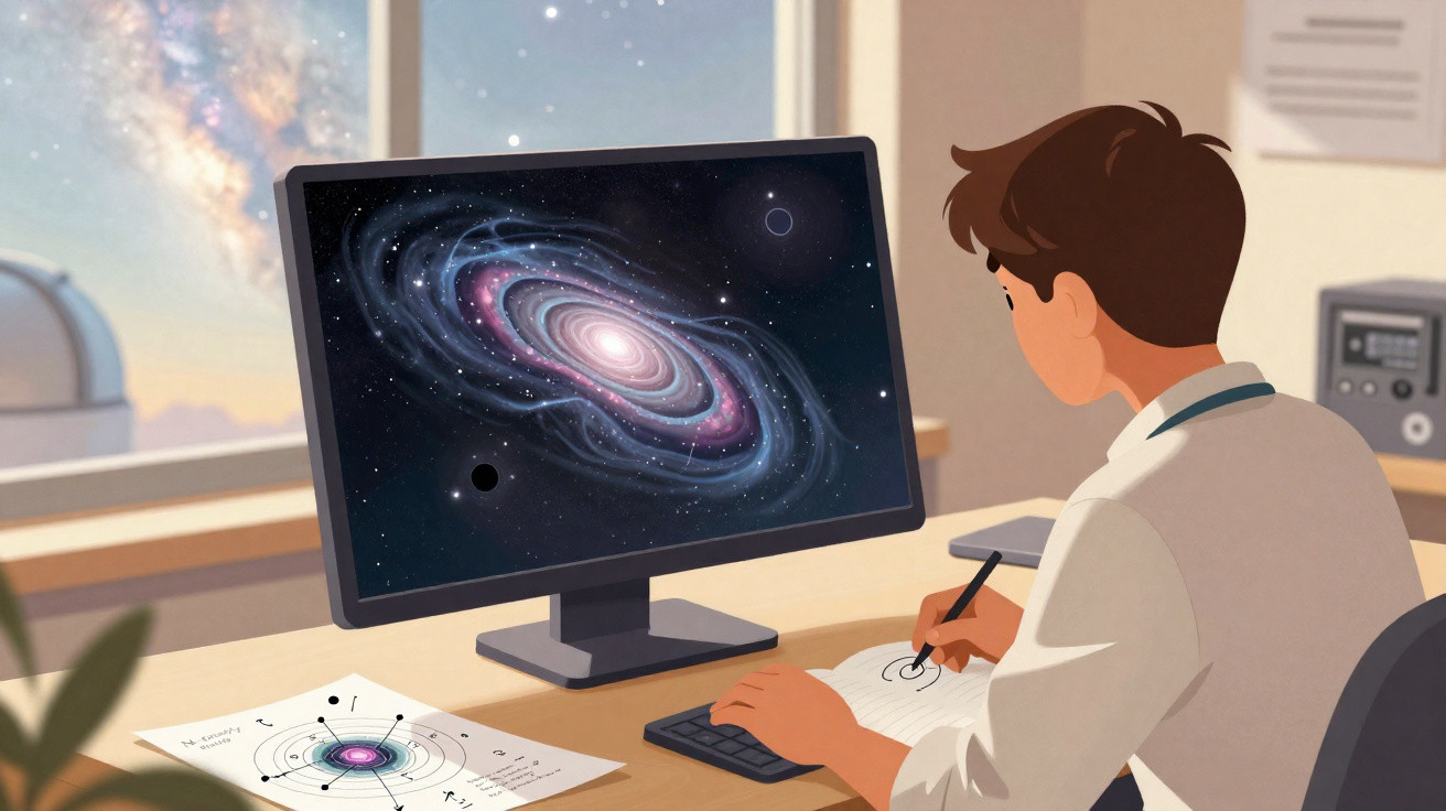 Homem desenhando galáxias em papel, observando uma imagem de galáxia na tela do computador.