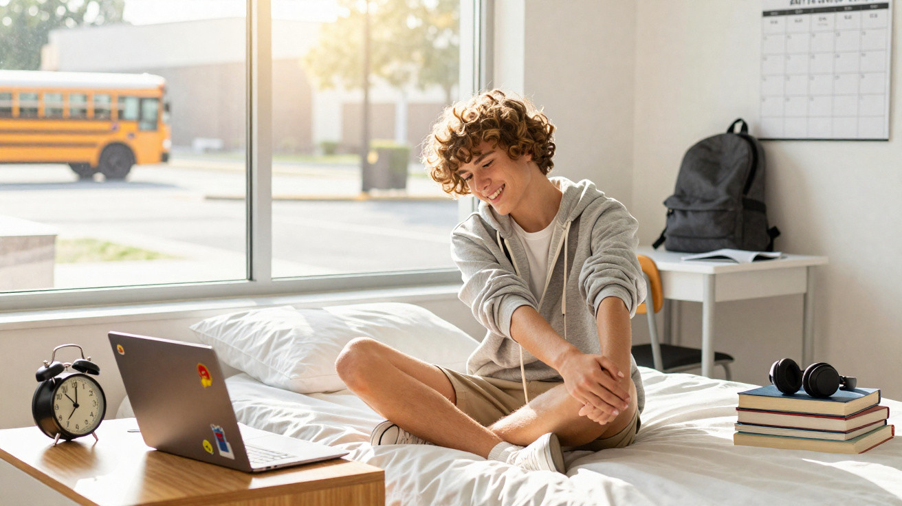 Jovem sorridente sentado na cama se alongando, com laptop à frente e ônibus escolar ao fundo.
