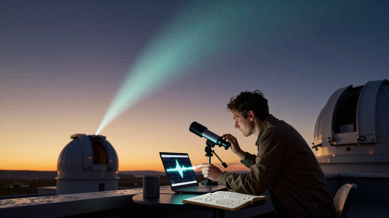 Homem observa céu com telescópio ao entardecer, com laptop e notas sobre astronomia em mesa externa.