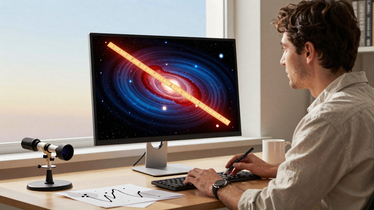 Homem usando computador com imagem de galáxia e régua digital, ao lado de telescópio em mesa.