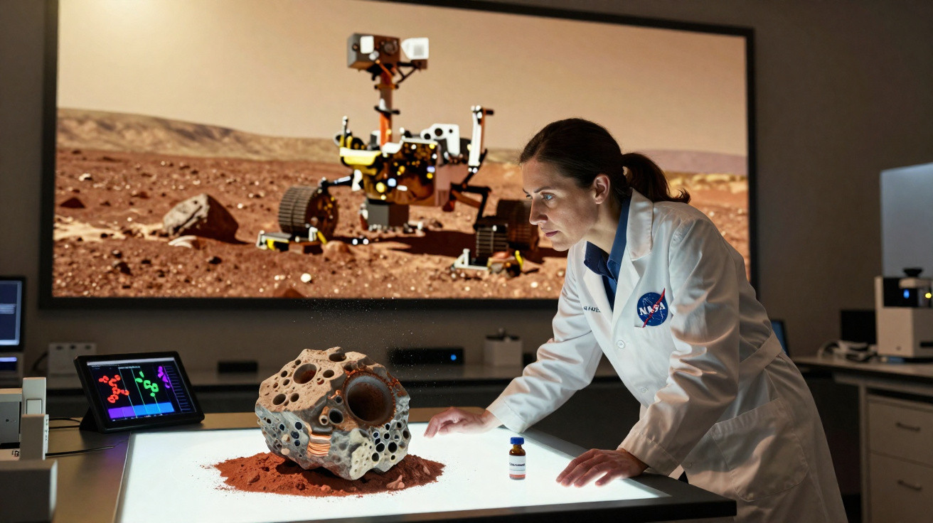 Cientista da NASA estudando modelo de rocha marciana com rover em tela ao fundo em laboratório.
