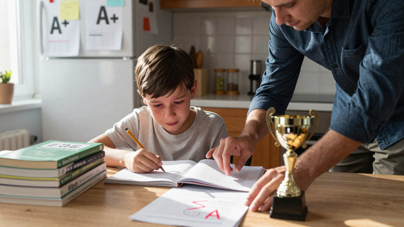 Criança fazendo lição de casa com ajuda de adulto, mesa com livros, troféu e provas com nota A+ visível.