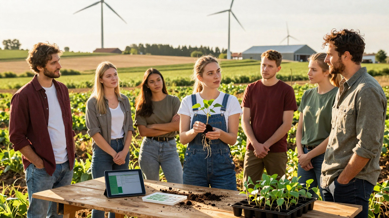 Grupo de jovens agricultores em campo estudando mudas e plantas com turbinas eólicas ao fundo.