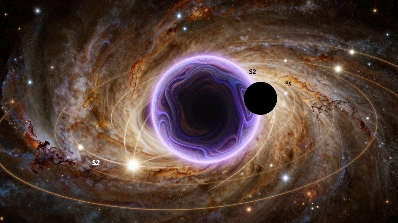 Buraco negro com efeitos de luz roxa cercado por estrelas e galáxias em espiral no espaço.