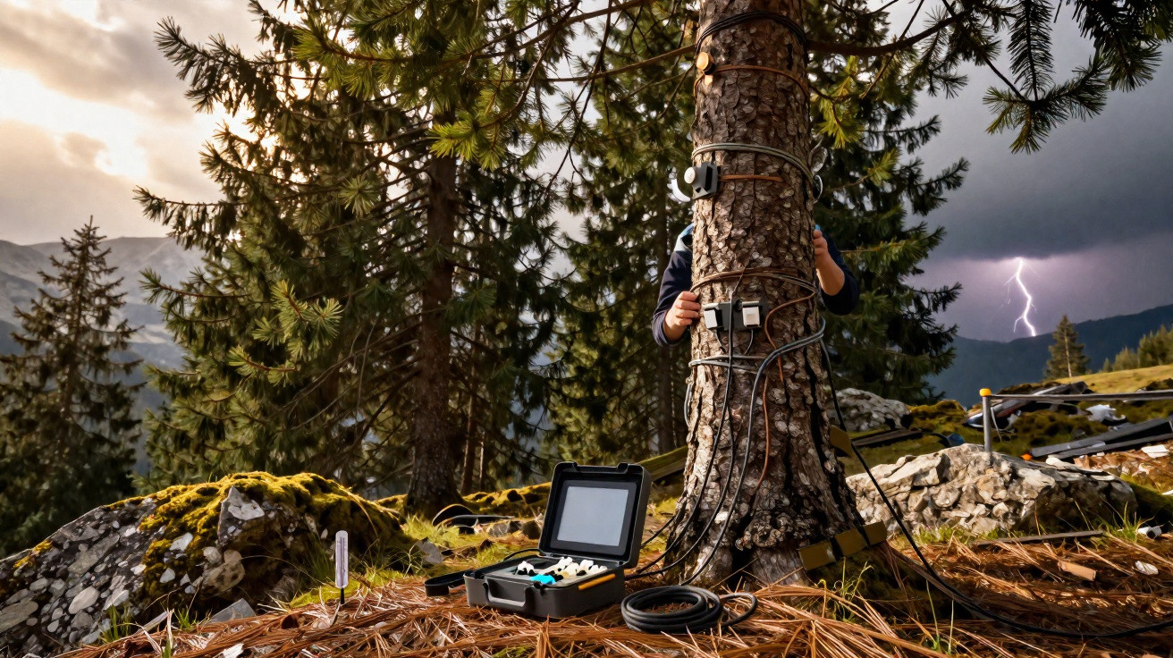 Equipamento científico instalado em uma árvore na floresta com tempestade e raio ao fundo.
