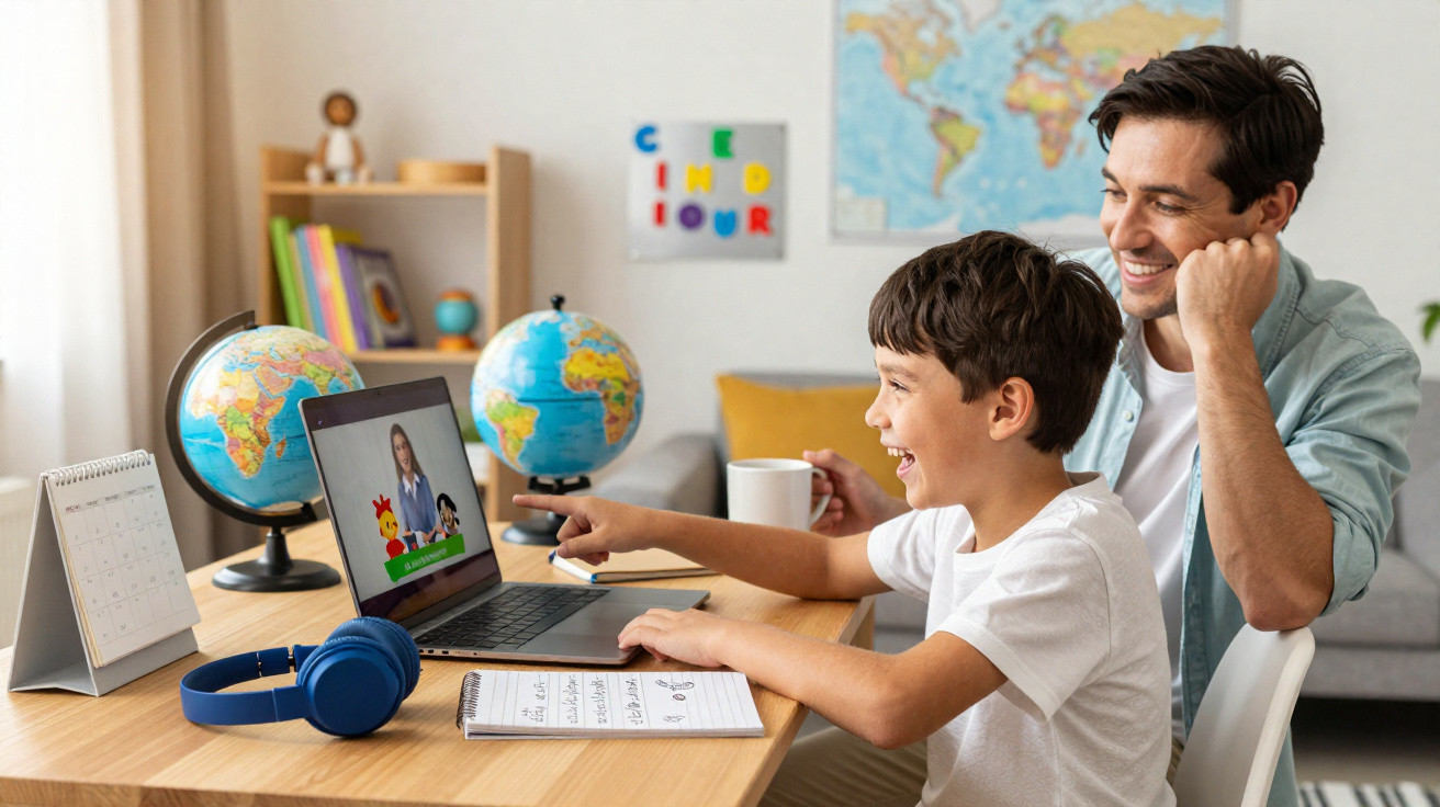 Criança e adulto assistindo aula online em laptop com globos terrestres e material escolar na mesa.