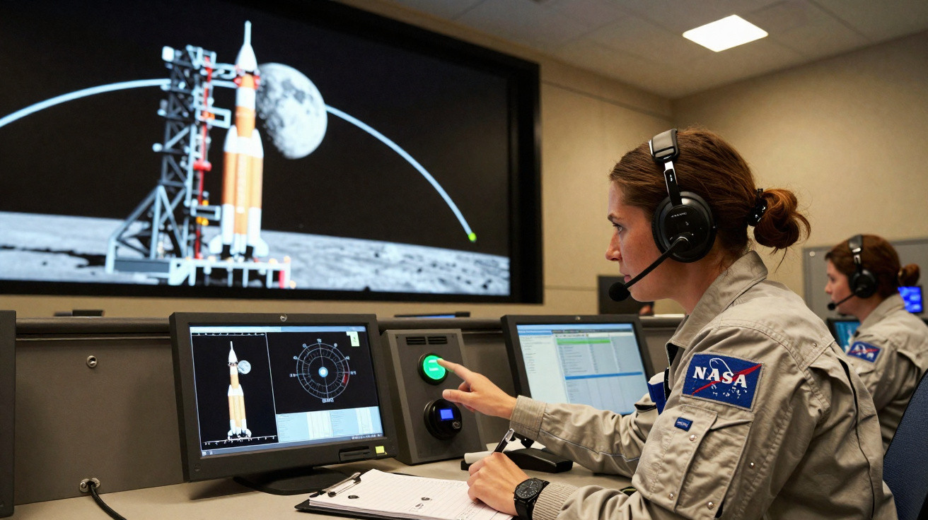 Controladoras da NASA operando consoles de comando durante simulação de lançamento espacial.