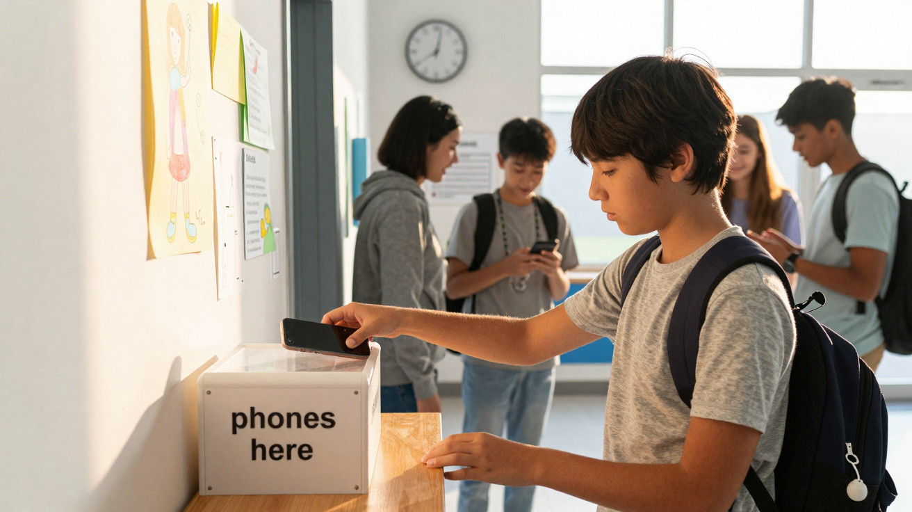 Aluno depositando celular em caixa para guardar, outros estudantes ao fundo em corredor escolar.