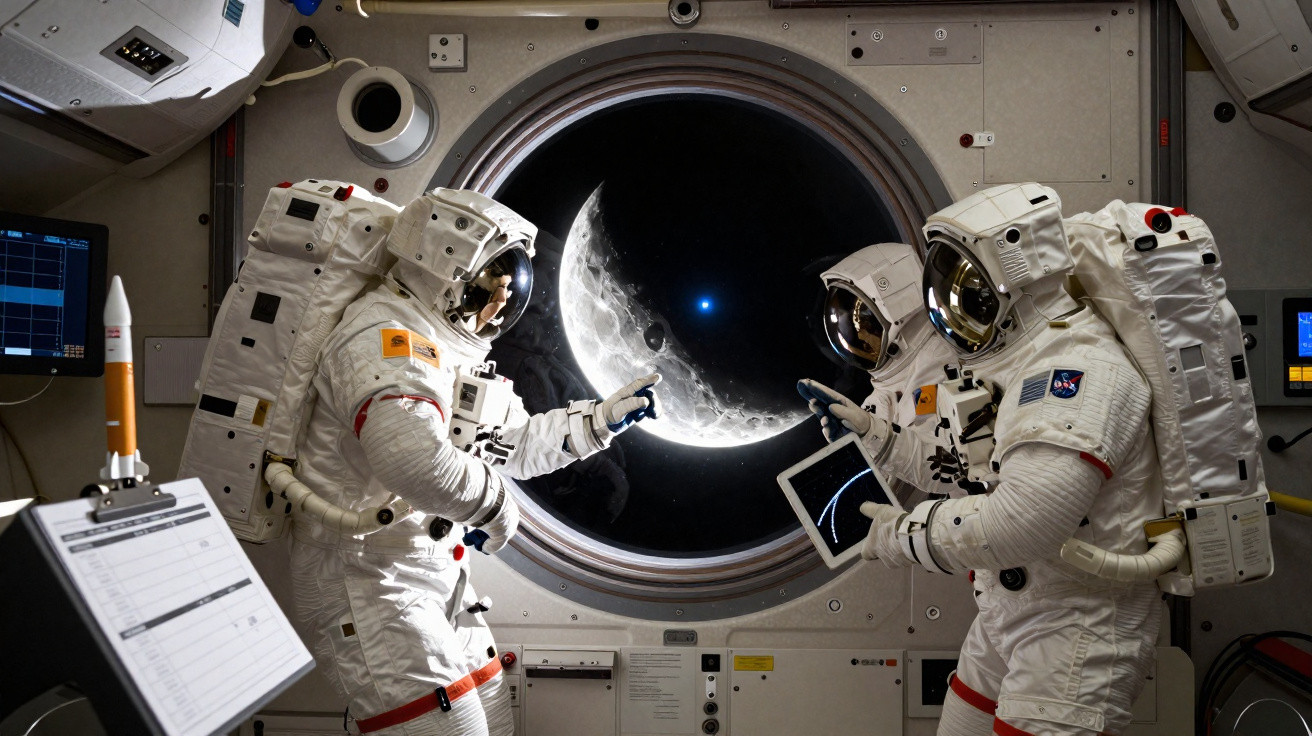 Astronautas em trajes espaciais dentro de uma nave apontando para a lua vista pela janela circular.