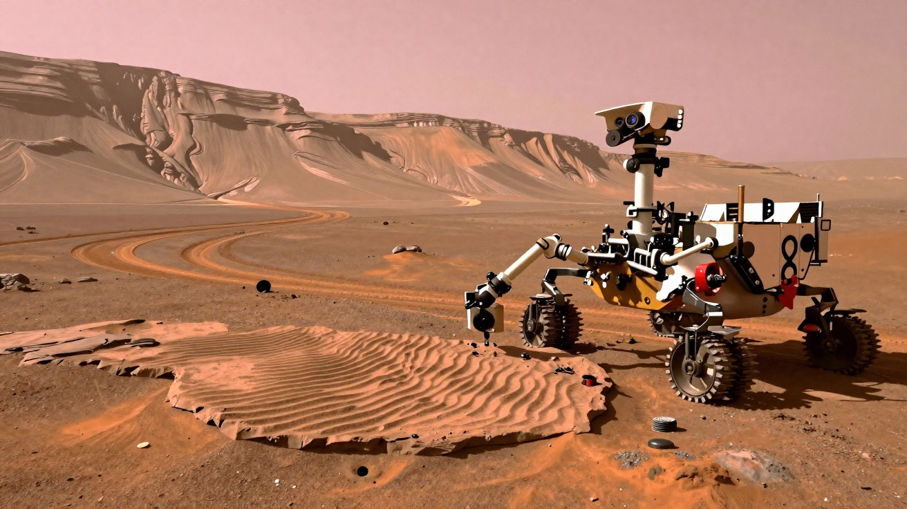 Rover explorando a superfície acidentada e arenosa de Marte com montanhas ao fundo.